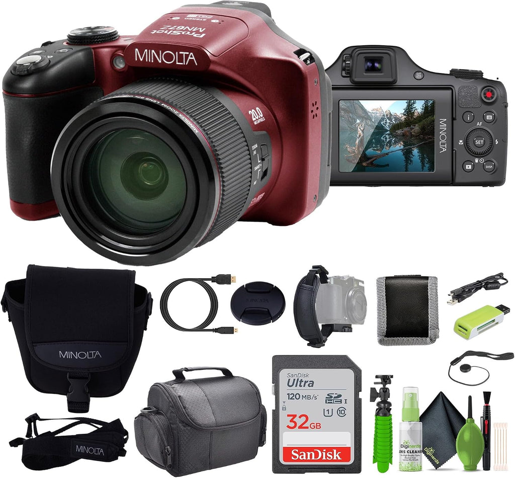 MINOLTA MN67Z 20 MP / 1080P FHD Bridge Digital Camera w/67x Optical Zoom (Red) Bundle with 32GB Memory Card + Camara Bag + Cleaning Kit + Vlogging Tripod + Accessories