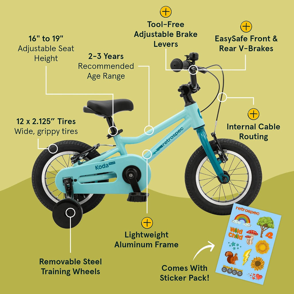 Retrospec Koda Plus Kids Bike for Boys & Girls Ages 2-3 Years - Children's Bicycle, Adjustable Seat & Handlebars, Removable Training Wheels, Front Hand Brakes, Rear Coaster Brake & Safety Bell