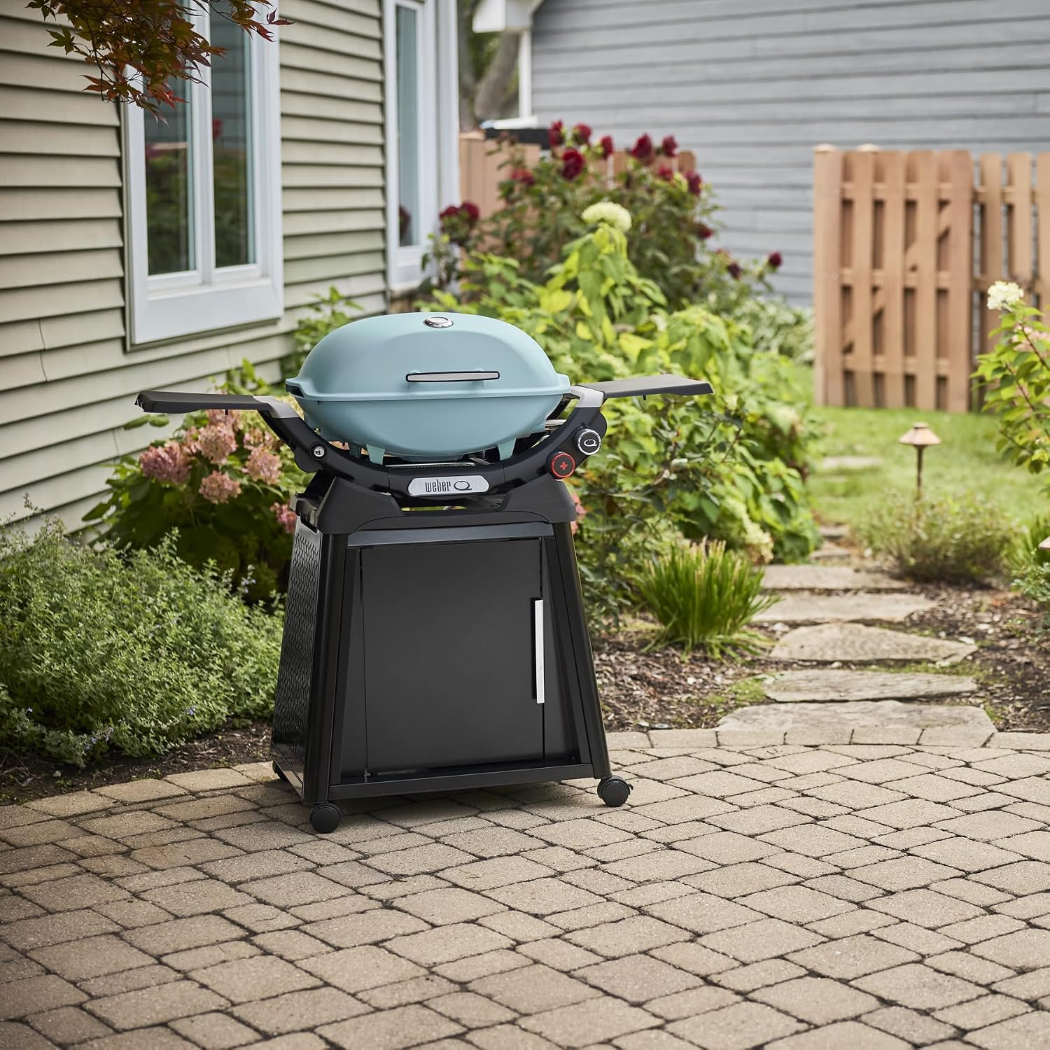 Weber Q 2800N+ Liquid Propane Grill with Stand, Sky Blue – Wide 250°–700°F Temp Range with Plus Burner for Searing, Low‑Temp Roasting & High-Dome Lid