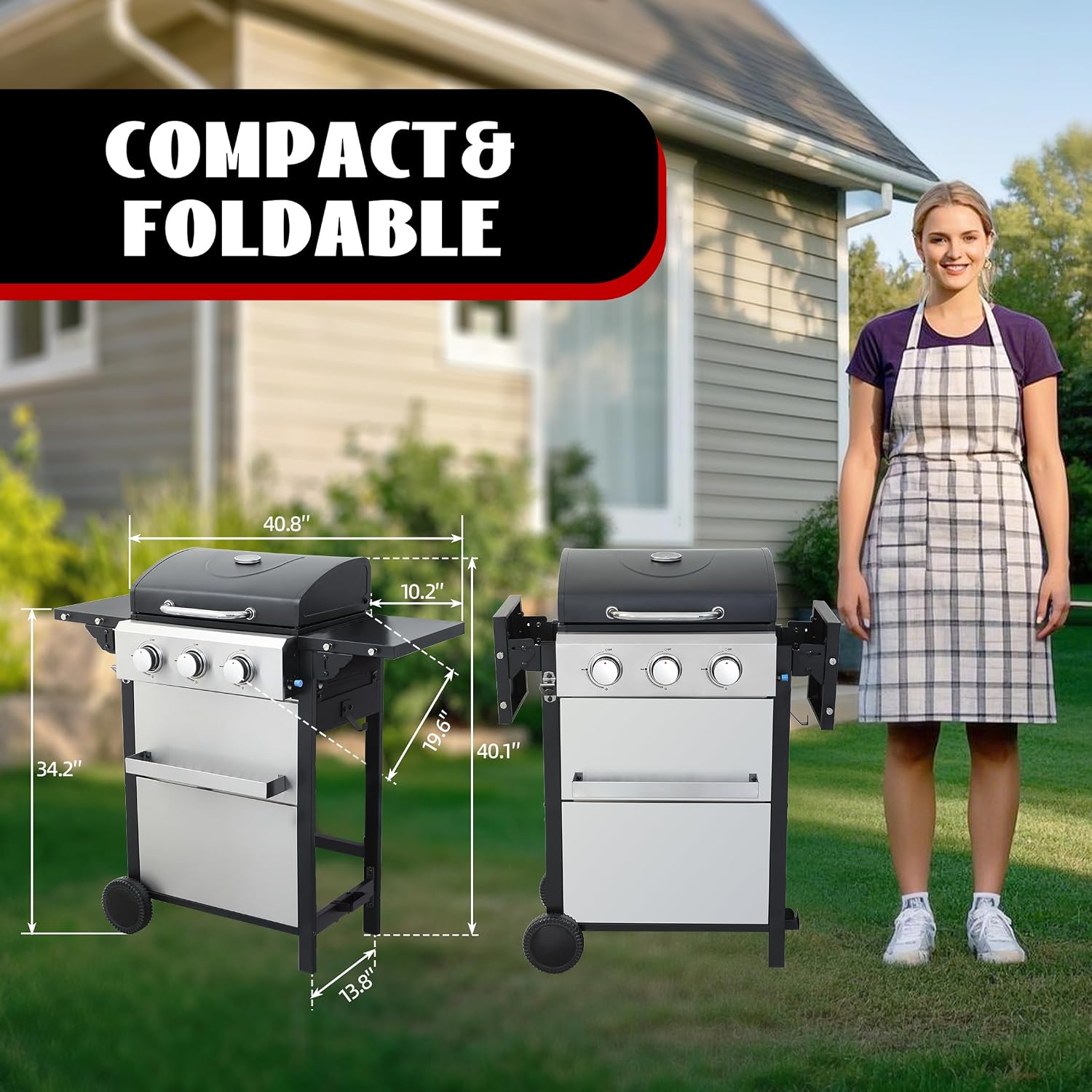 3-Burner Propane Gas Grill with 2 Foldable Side Tables, 25,650 BTU Outdoor BBQ Grill with Porcelain-Enameled Flame Tamers, Built-in Thermometer, Easy Assembly for Patio, Backyard BBQ