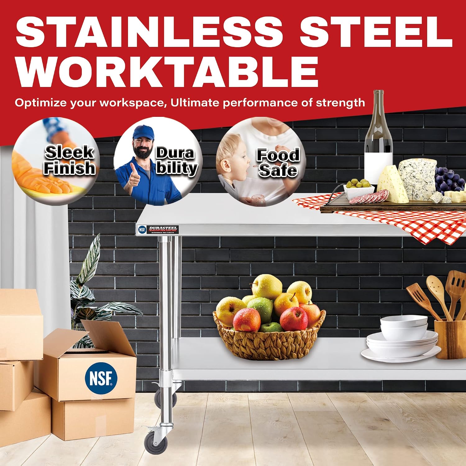 DuraSteel 24x48 NSF Stainless Steel Cart - Heavy Duty Food Prep Table with Undershelf - Rolling Kitchen Island on Wheels for Commercial Restaurant Kitchen, Garage, Outdoor Cooking, BBQ Grill, Counter