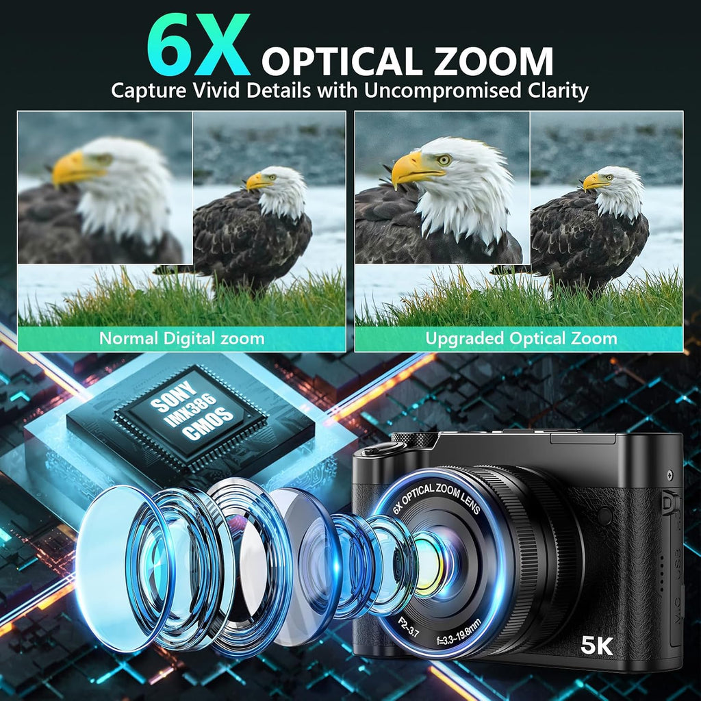 5K Digital Camera, 64MP Cameras for Photography with 6X Optical Zoom & Autofocus, WiFi Vlogging Camera for YouTube Video, Dual-Lens, 2 Batteries, 64GB Card & Flash, Best Cameras for Content Creators