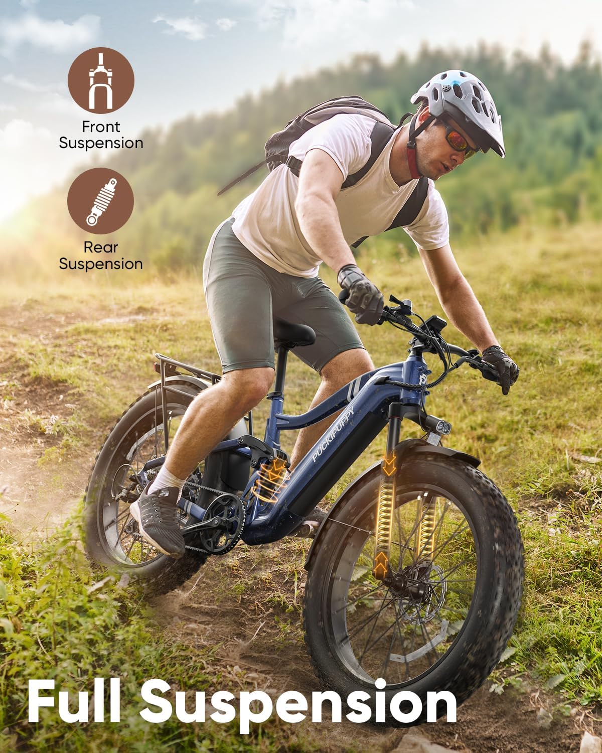 PUCKIPUPPY Boxer Electric Bike for Adults 960W, 48V 20AH Battery Ebike, Full Suspension 26' Fat Tire E Bike, 28MPH 80Miles Range Mountain Electric Bicycle, 7 Speed Hydraulic Disc Brakes