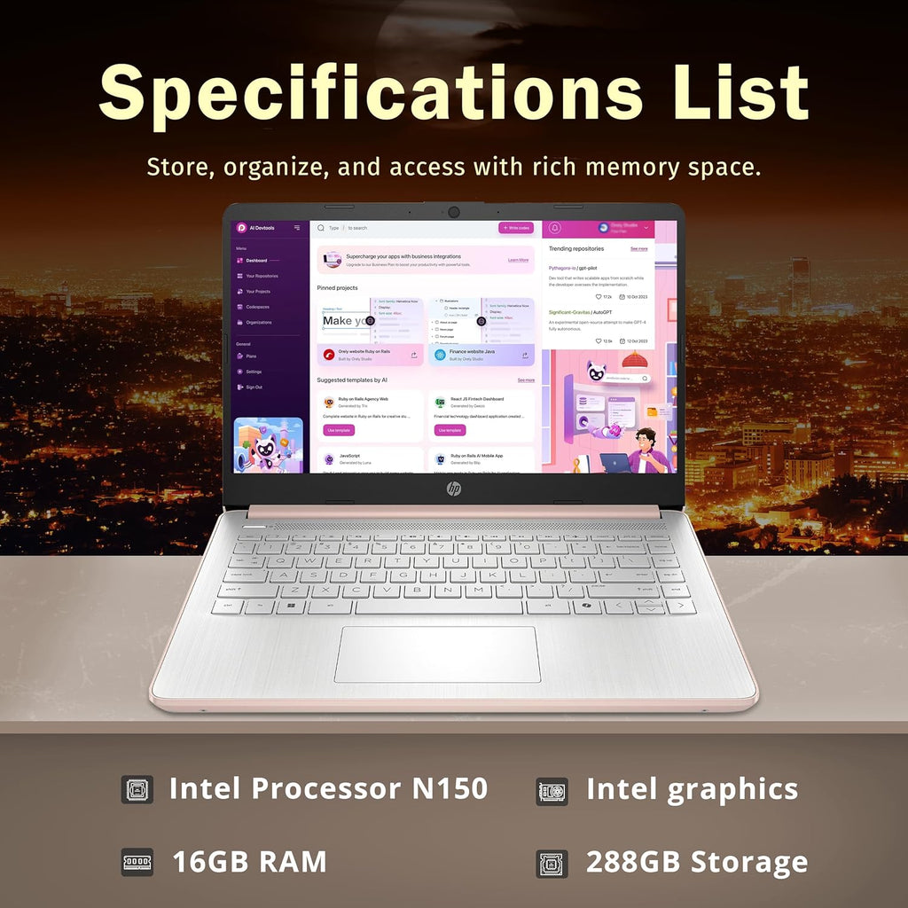 HP Stream 14' HD BrightView Laptop, Intel Celeron N150, 16GB RAM, 288GB Storage (128GB UFS + 160GB Docking Station Set), Intel UHD Graphics, 720p Webcam, Wi-Fi, 1 Year Office 365, Win 11 S, Gold