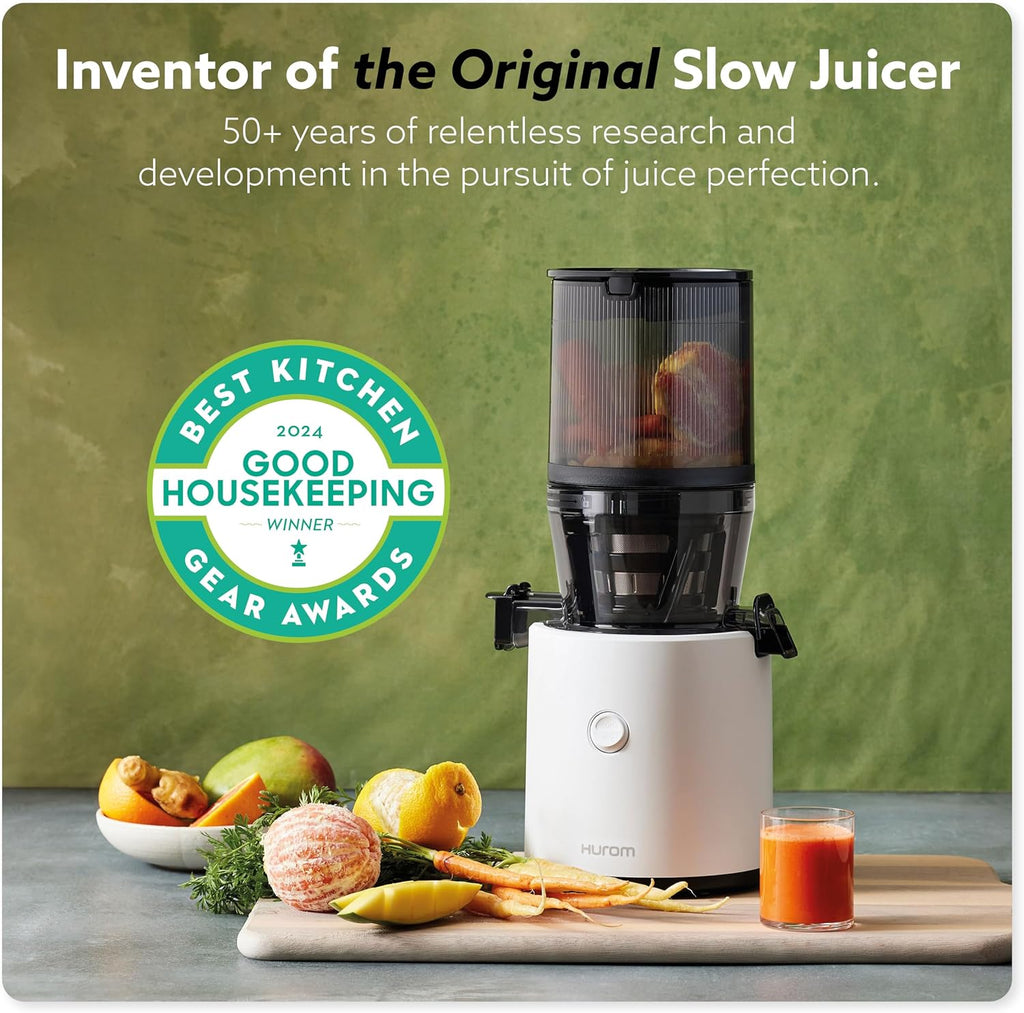 Hurom H320N Cold Press Juicer Machine, Easy to Clean Masticating Slow Juicer, Coarse Strainers, Self-Feeding, Hands Free, Family Size, Quiet Motor, Easy Assembly (White)