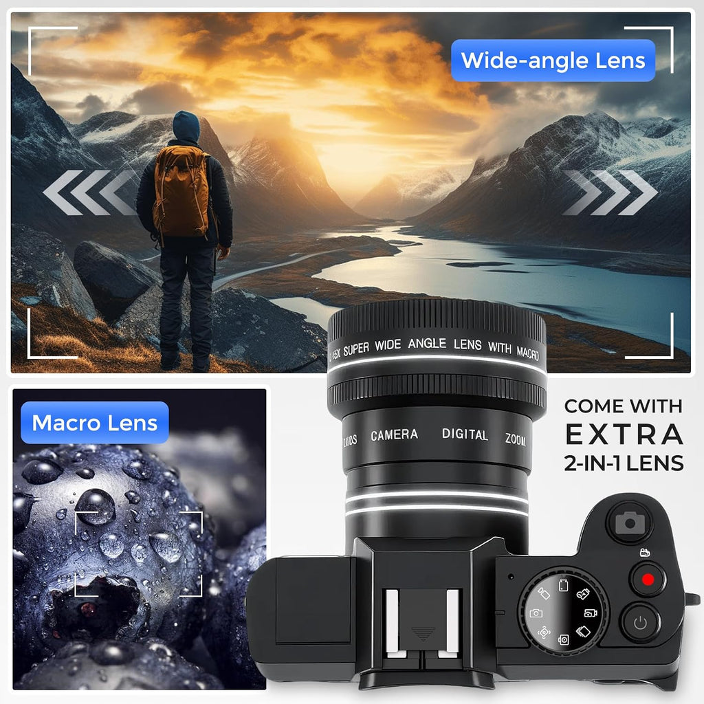 4K Digital Camera for Photography with WiFi Auto-Focus Vlogging Camera for YouTube with Flip Screen, Come with 2 Batteries, Wide & Macro Lens, Microphone, MicroSD Card, Card Reader