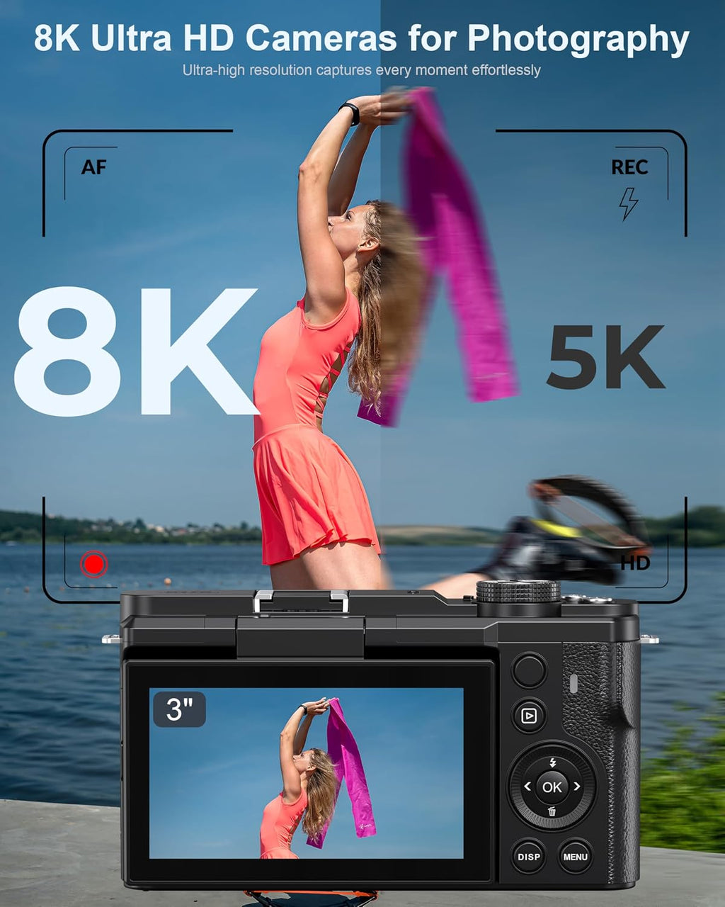 8K Digital Camera, 88MP Cameras for Photography, Vlogging Camera for YouTube with 3' 180° Flip Screen, 18X Zoom UHD Autofocus Video Camara with Lens Hood, 64GB Card