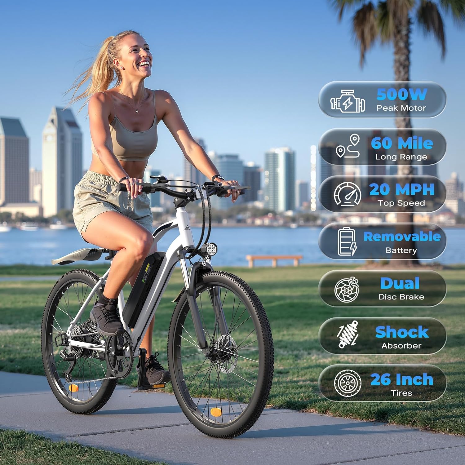 Electric Bike - 750W/1000W/1500W Motor Electric Bicycle, 20MPH, 55/70/80 Miles, Removable Battery, Shock Absorber, 5 Speed E Bike, 26' Tire Commuter Electric Bicycle for Adults