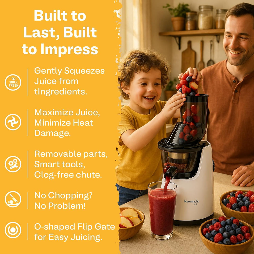 Kuvings Whole Slow Juicer C7000SS - Slow Masticating Juicer Machine with Quiet 240W Motor & BPA-Free Components - 3in Wide Mouth Feed Chute & Removable Hopper for Juices & Sorbets - Silver Pearl