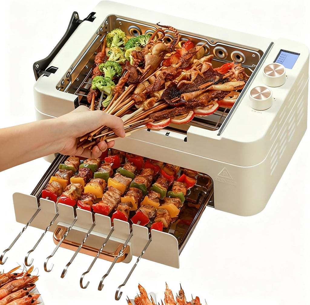 Electric Kebab Grill Machine, Non-Stick Double Layer Grill Oven, Automatic 360° Rotating BBQ Skewers Machine, BBQ Pot for Indoor Outdoor Camping