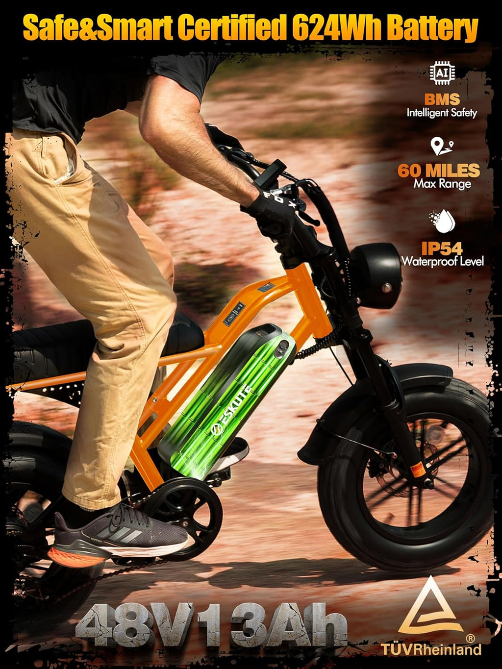 ESKUTE V100 Electric Bike for Adults, Electric Dirt Bike 1500W Peak Motor, All Terrain Dual Suspension E Bike 28MPH Top Speed, Ebike Up to 60 Miles Range, 16' Fat Tire, 48V13Ah Battery, 7-Speed