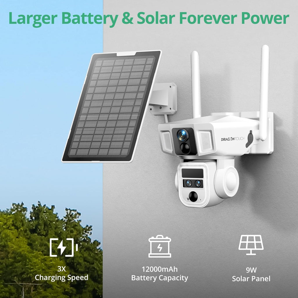 4G Cellular Security Camera, 4K Wireless Outdoor Solar Cam 3 Lens, LTE or WiFi 2 Mode, 10x Optical Zoom, 360° PTZ AI Tracking, Local Storage & 64G SD Card Included, 12000mAh 9W Bullet-PTZ Cam