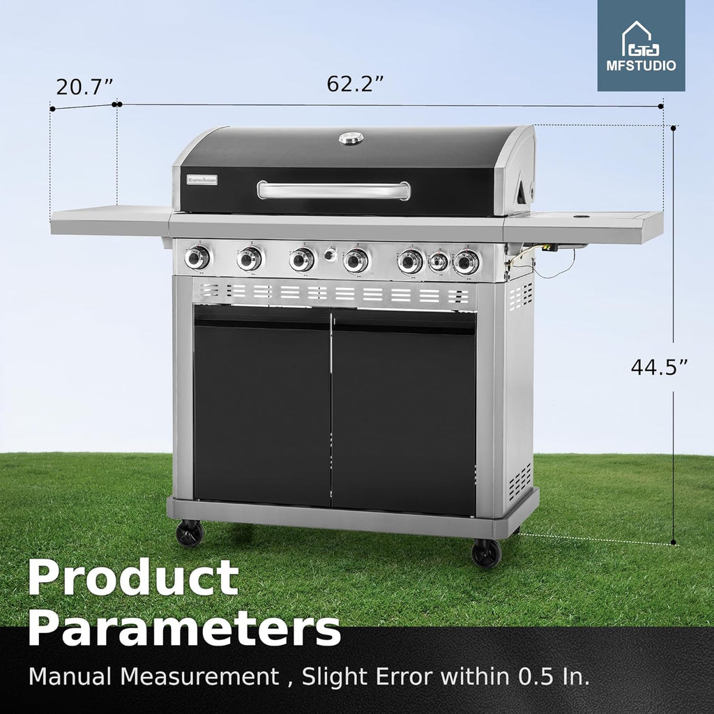 MFSTUDIO 6 Burner BBQ Propane Gas Grill with Side Burner & Porcelain-Enameled Cast Iron Grates, Grill Griddle Combo for Outdoor Barbecue, 740 SQ.IN. Large Cooking Area