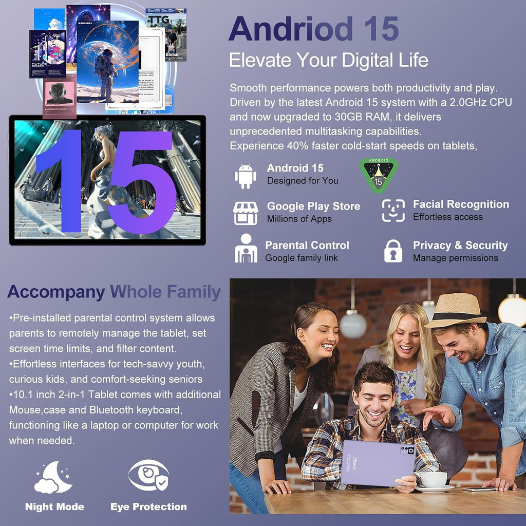 2026 Android 15 Tablet with Keyboard | Gemini AI, 30GB+128GB Octa-Core Electronics Tablets w/ 10 Inch IPS HD Display, 8000mAh, 5G WiFi, 1TB Expand, Mouse+Case, BT 5.0, Widevine L1, Metal Body -Purple