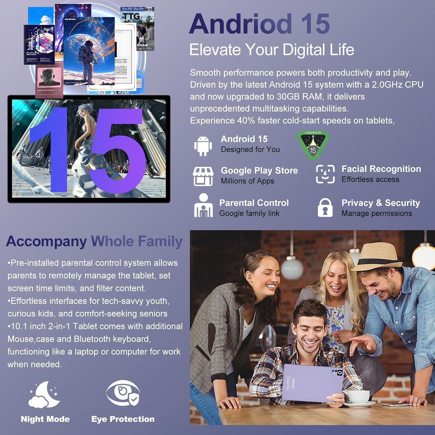 2026 Android 15 Tablet with Keyboard | Gemini AI, 30GB+128GB Octa-Core Electronics Tablets w/ 10 Inch IPS HD Display, 8000mAh, 5G WiFi, 1TB Expand, Mouse+Case, BT 5.0, Widevine L1, Metal Body -Purple