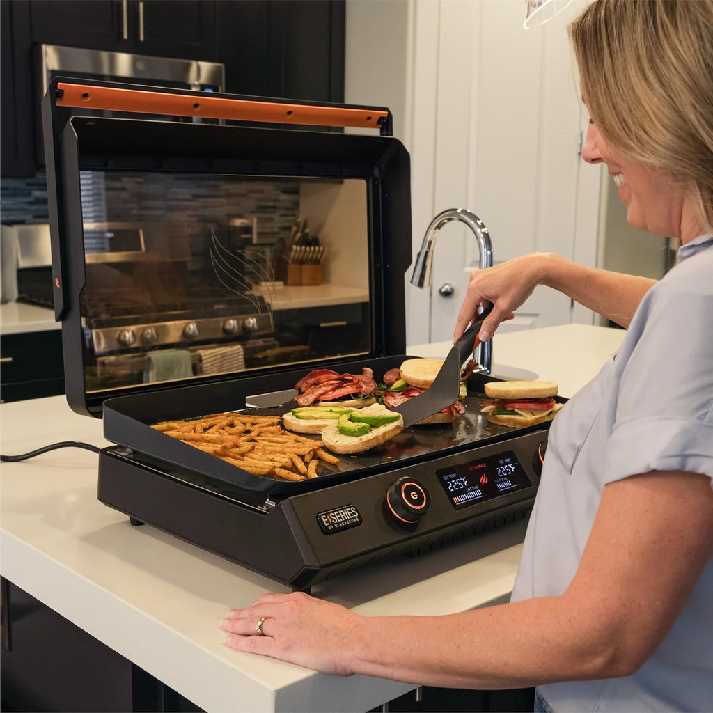 Blackstone 22-Inch Electric Griddle - 1600W Non Stick Ceramic Titanium Coated Stainless Steel Tabletop Griddle with EZ-Touch Control Dial, LCD Display, Patented Rotate & Remove Glass Hood - 8001