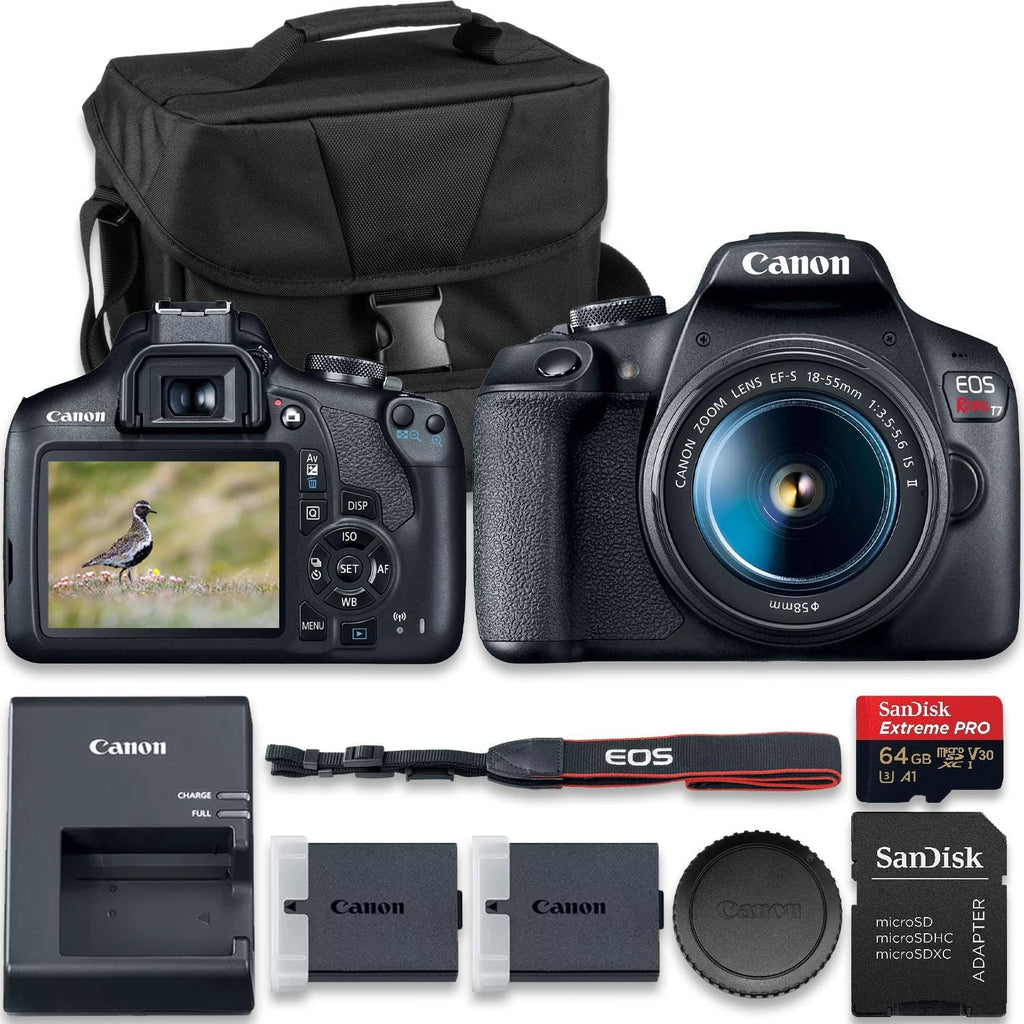 Canon EOS Rebel T7 DSLR Camera with EF-S 18-55mm f/3.5-5.6 is II Lens + Extra LP-E10 Battery + SanDisk Extreme Pro 64GB + Camera Case + More(13pc Bundle)