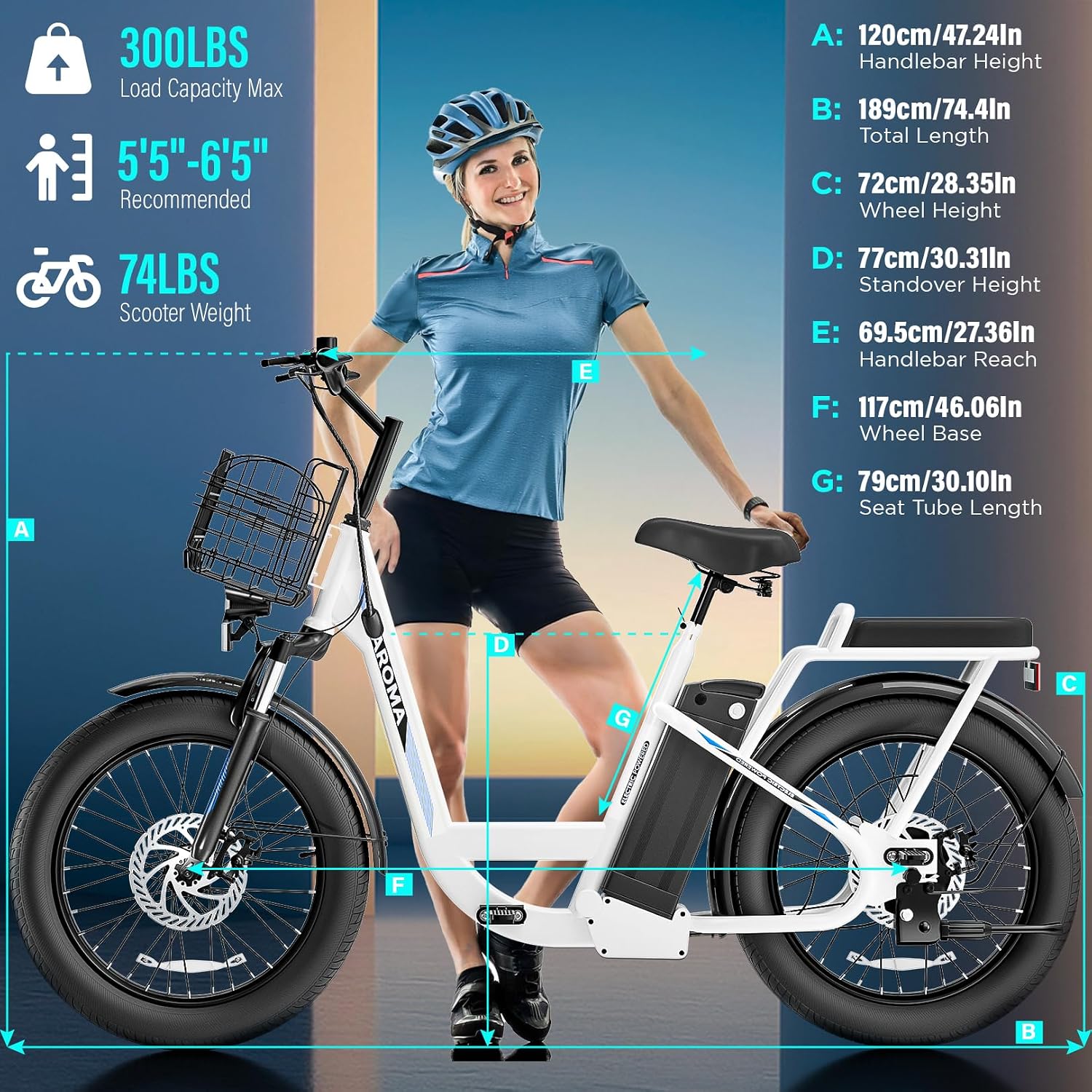 Caroma Peak 500W/800W/1200W Electric Scooter with Seat, 20' Fat Tire Electric Bike with 48V Removable Battery, Up to 30Miles & 20MPH, Adult Scooter for Commuting with Basket&Adjustable Seat