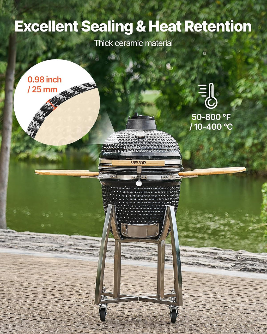 VEVOR Charcoal Smoker and Grill, 18' Kamado Charcoal BBQ Smoker, Movable Ceramic Barbecue Grill with 4 Wheels (2 Lockable), Built-in Thermometer, Air Vents & Side Shelf for Outdoor Patio Yard Cooking