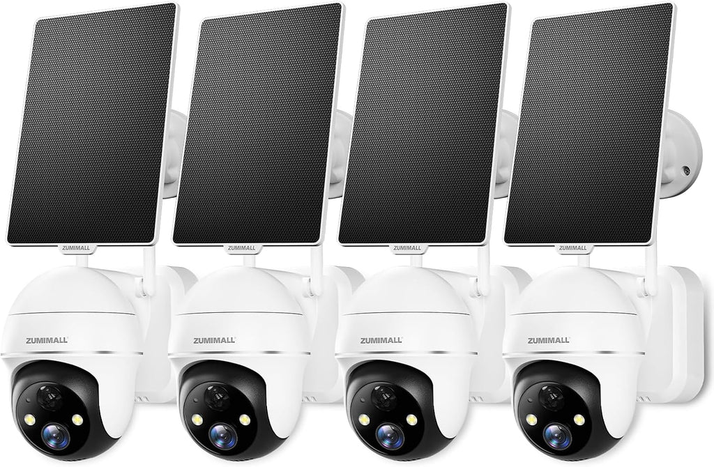 ZUMIMALL 2K Solar Security Cameras Wireless Outdoor 4-Pack, Solar Powered Cameras for Home Security with 360° View, Color Night Vision, 2-Way Talk, AI Motion Alert, Siren, CloudEdge App Supported