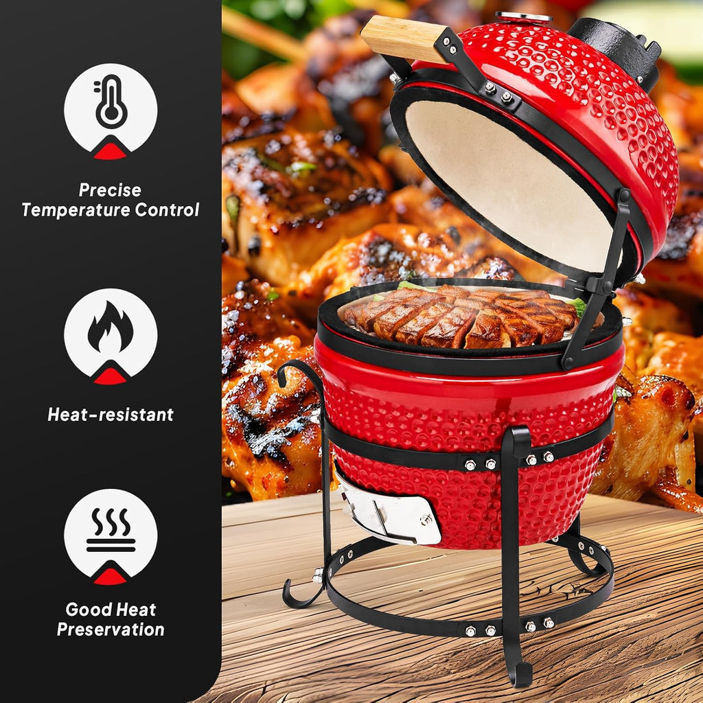 ROVSUN 13IN Red Spherical Ceramic Charcoal Grill with Inner Liner, Portable BBQ Smoker for Outdoor Cooking, Camping, and Backyard Grilling