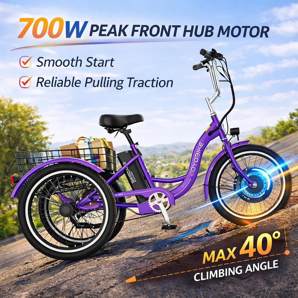 MOONCOOL Adult Electric Tricycle, 350W Front Drive Motor (Peak 700W), 15.5MPH E-Trike, Removable 36V 10.4Ah Battery, Max 60 Miles, 7-Speed 3 Wheel Electric Bike