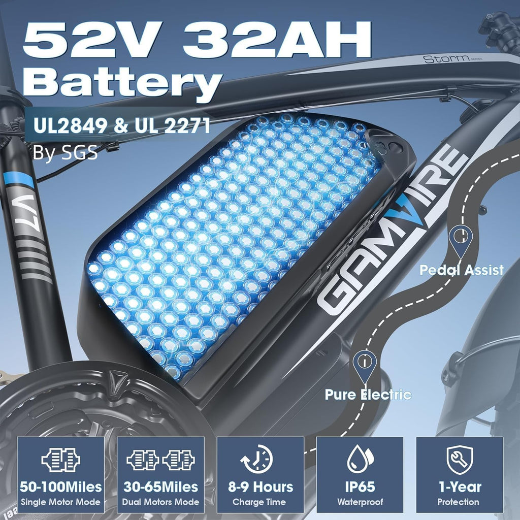 E Bike for Adults, Peak 6000W Dual Motor Electric Bike, 52V 32AH Battery 45 M P H Up to 100 Miles EBike, Front Suspension 7-Speed 24' Fat Tire Electric Commuter Bike, UL2849 Certified By SGS