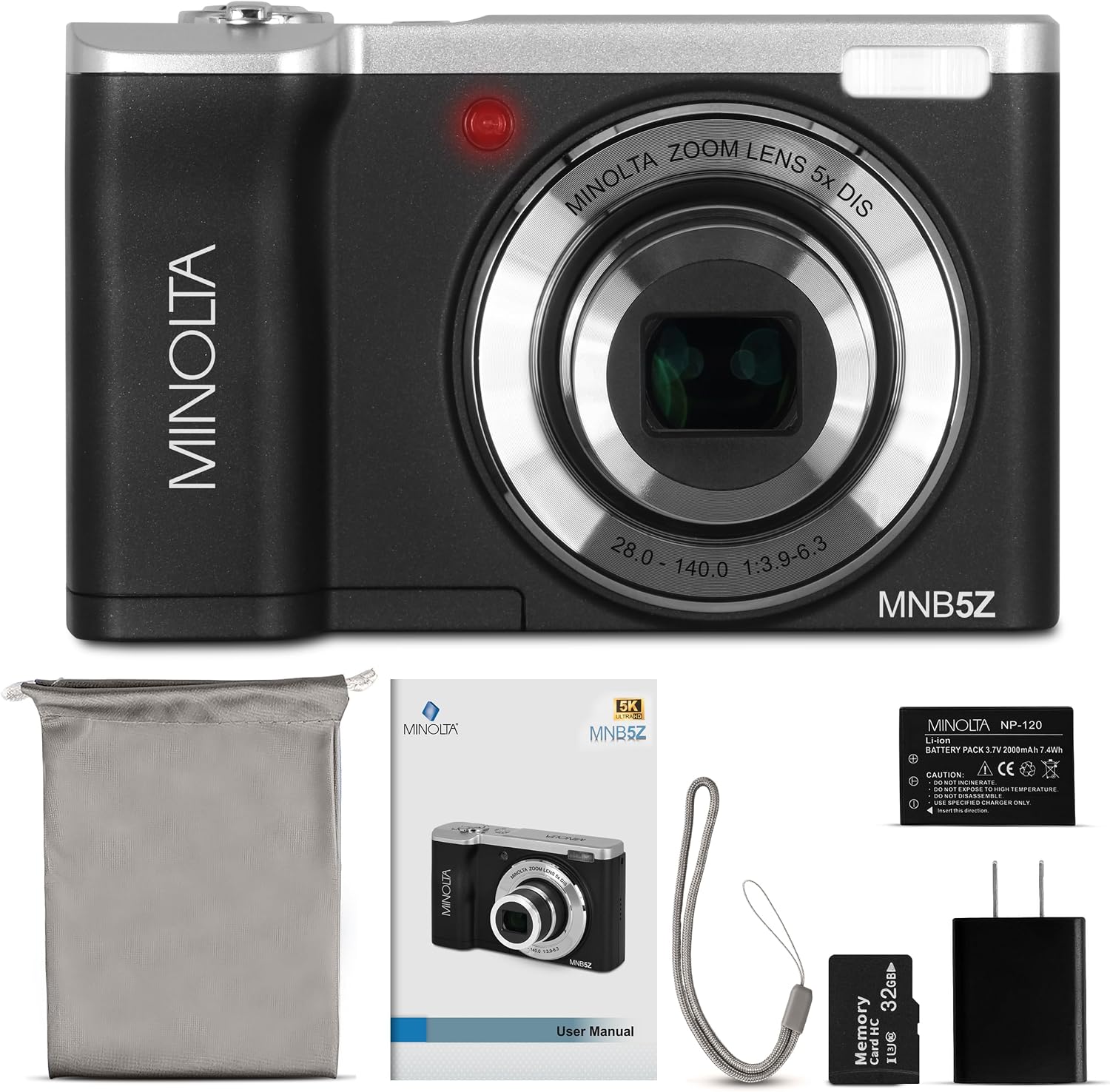 Minolta 56MP Dual Lens Digital Camera – 5X Optical Zoom, 5K Ultra HD Video, CMOS Sensor, 2.8-inch LCD Screen, Stabilization, Selfie Lens, 32GB Card, Rechargeable Battery (Black)