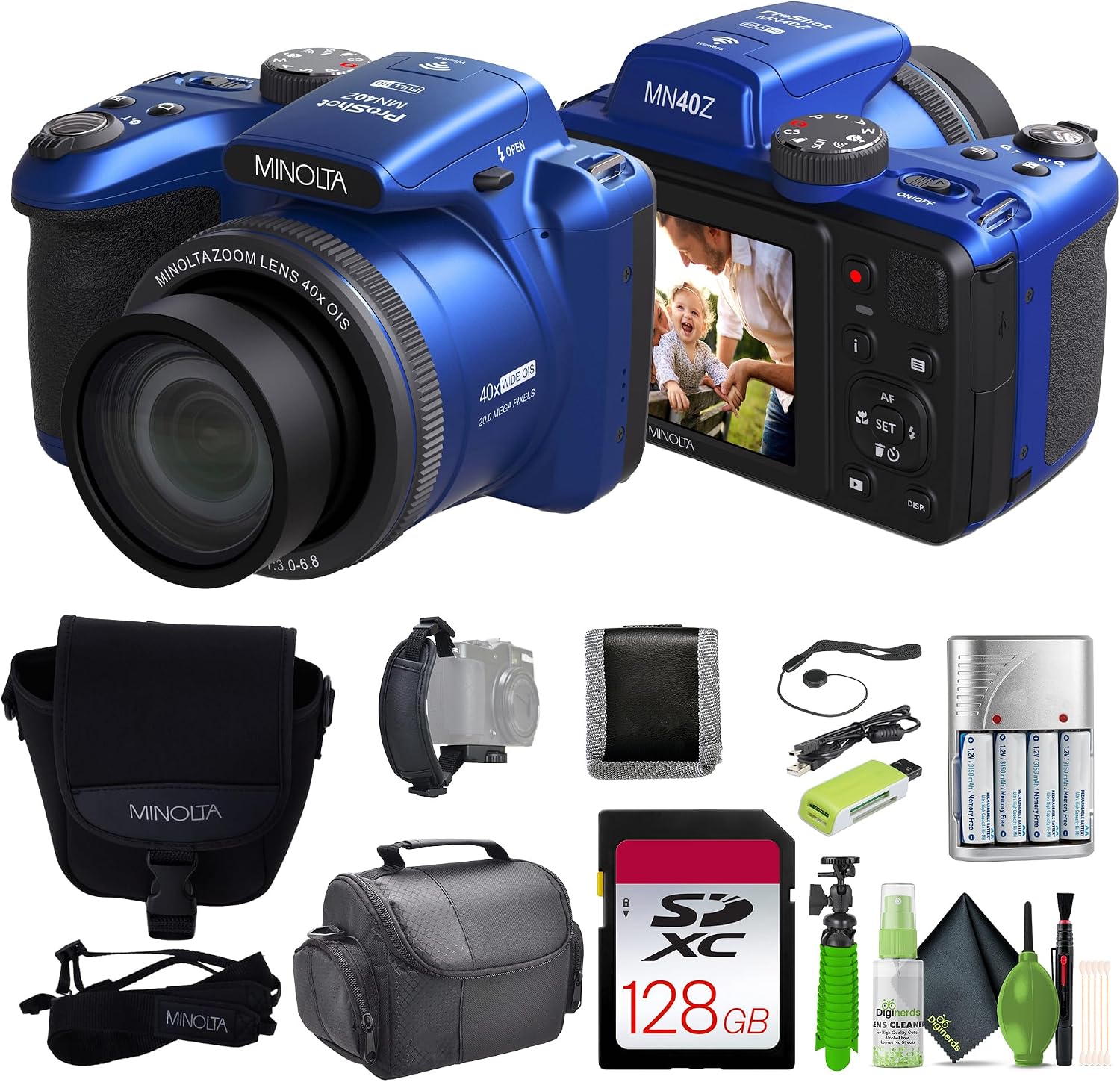 MINOLTA MN40Z 20 Mega Pixels 40x Optical Zoom Digital Camera with 1080p FHD Video (Blue) Bundle with 64GB Memory Card + Vlogging Tripod + More Accessories