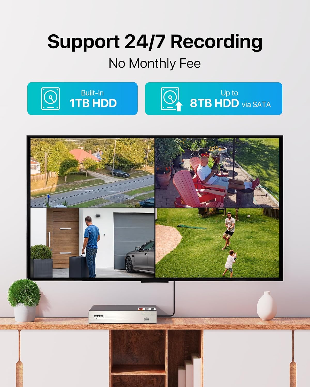 ZOSI 3K Lite 8CH Security Camera System with 1TB HDD,AI Human/Vehicle Detection,80ft Night Vision,H.265+ 8 Channel 1080P HD-TVI DVR Recorder,8pcs 1920TVL Weatherproof CCTV Dome Cameras Indoor Outdoor