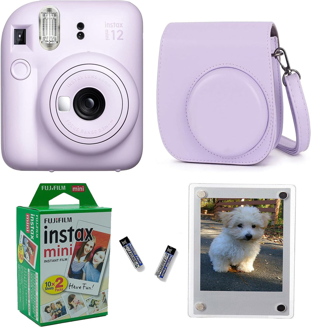 Fujifilm Instax Mini 12 Instant Camera + Pro Design Protective Case & Magnetic Lucite Frames, 20 Sheets (Lilac Purple)