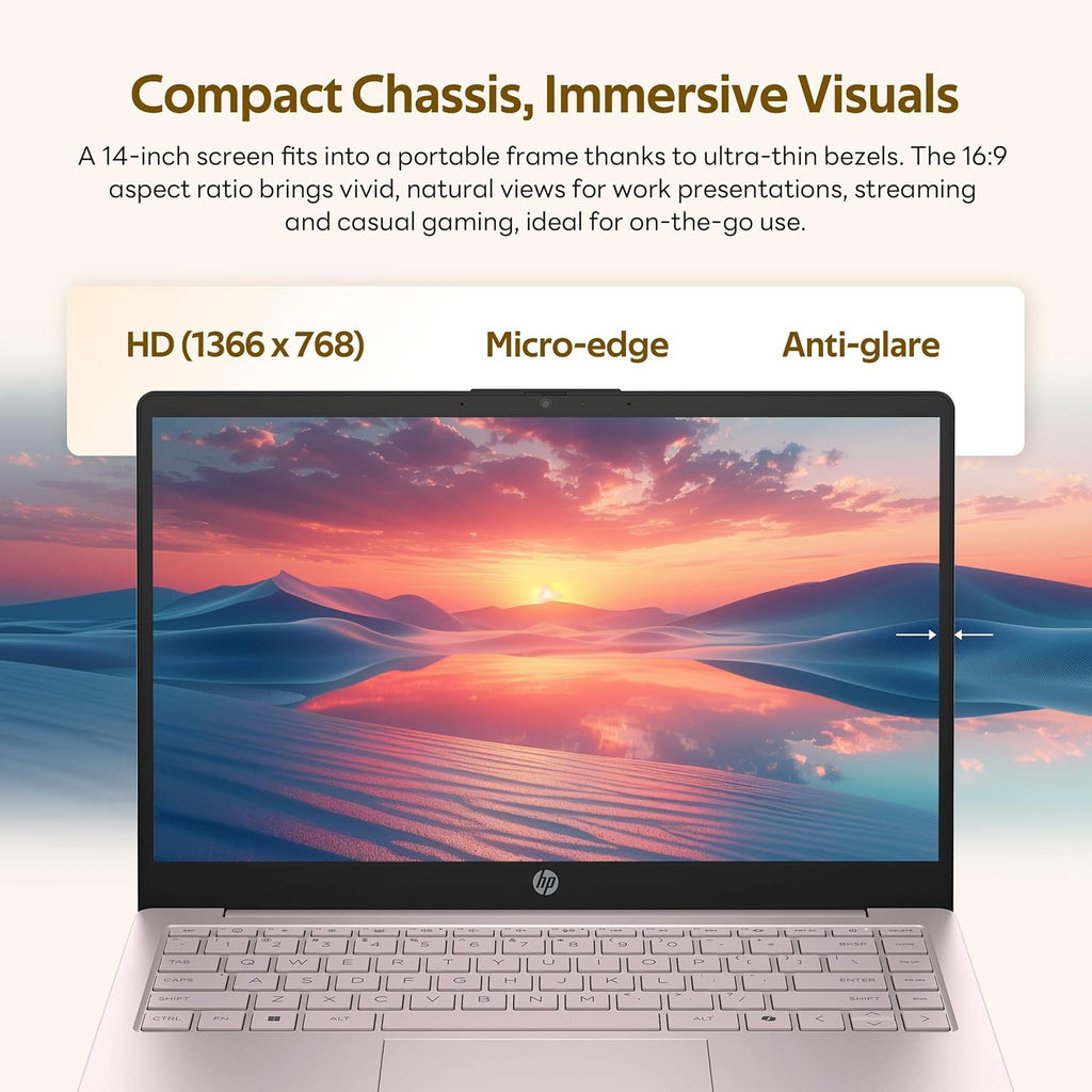 HP Flagship 14' HD Student&Business Laptop with AI Copilot, 13th Gen Intel 4-Core, 4GB RAM, 1.12TB Storage (128GB UFS + 1TB Docking Station), 1 Year Office 365, Wi-Fi 6, Win 11 S, Tranquil Pink