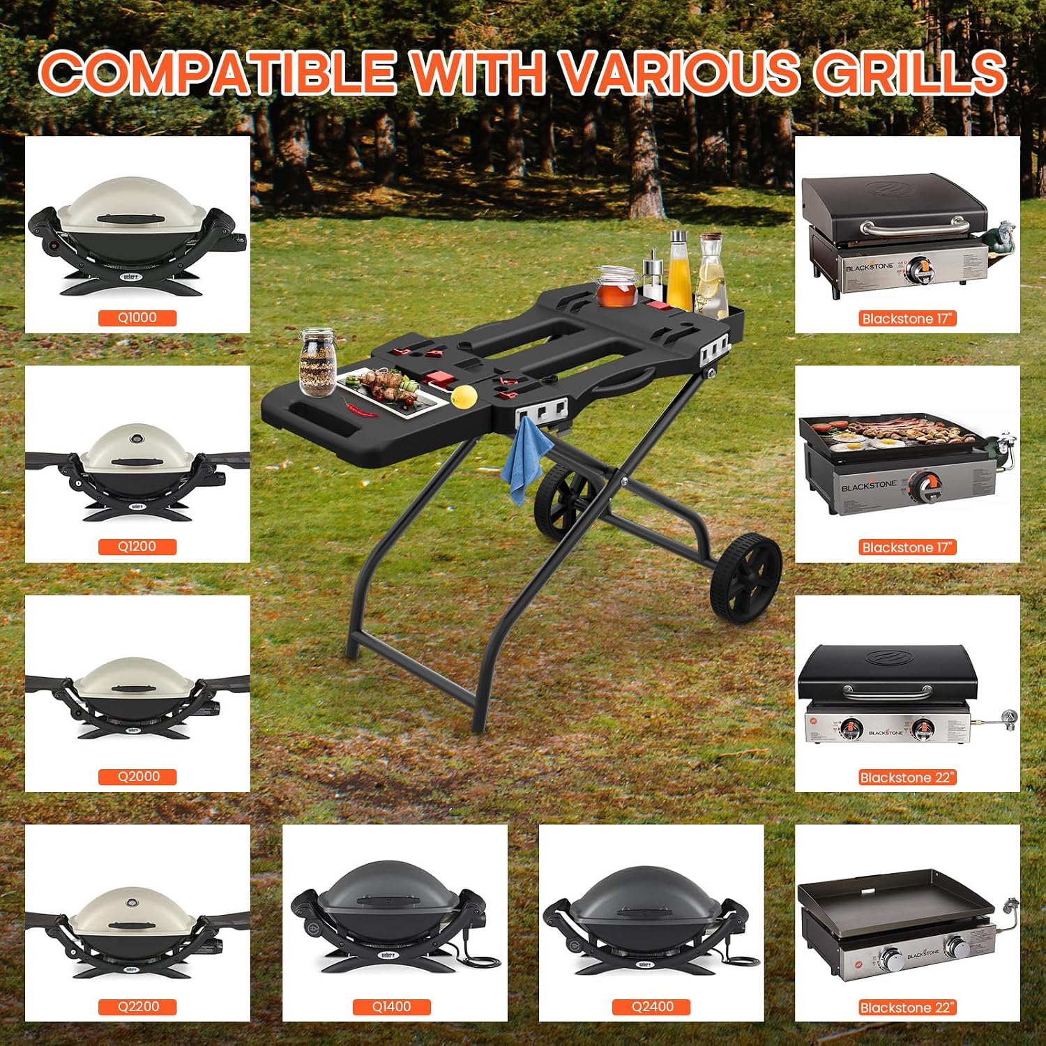 Outdoor Grill Stand for Weber Q1200, Q1000, Q2200, Q2400, Portable Grill Cart for Blackstone 17'& 22' Table Top Griddles, for Weber Grill,Griddle Stand for Blackstone,for Travel and Camping
