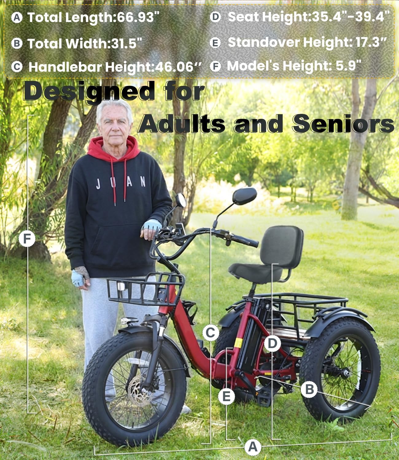 KAKIGO Electric Tricycle for Adults,Peak 1350W Motor Etrike,48V15.6Ah Ebike,20'x4'Fat Tire Aluminum Folding Electric Trike,3-Wheel Electric Bike,20MPH,Front&Rear Basket&Differential