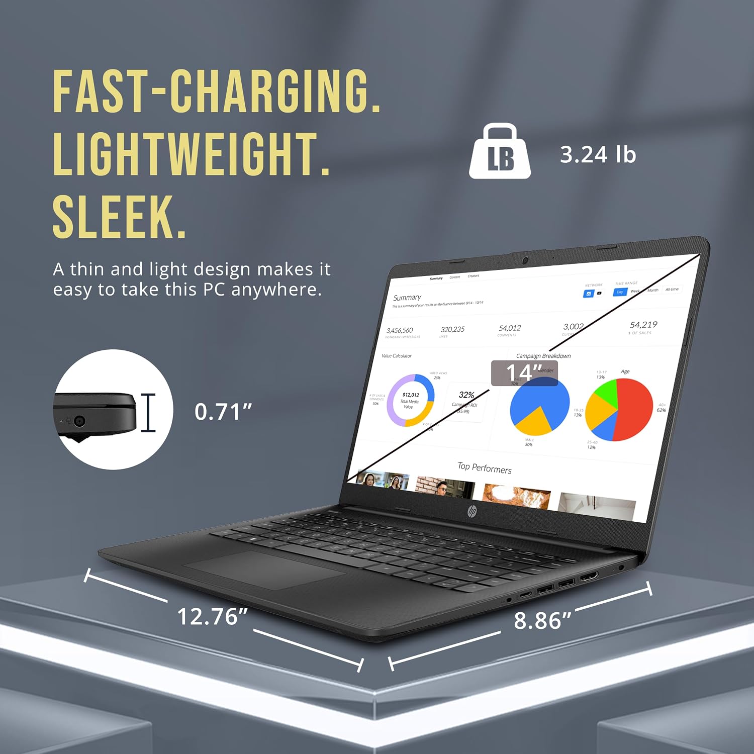 HP Stream 14' HD BrightView Laptop, Intel Celeron N4120, 32GB RAM, 288GB Storage (128GB eMMC + 160GB SSD Docking Station Set), Intel UHD Graphics, HD Webcam, Wi-Fi, 1 Year Office 365, Win 11 S, Black