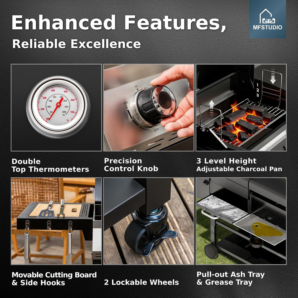 MFSTUDIO Gas and Charcoal Grill Combo with Side Smoker, Heavy Duty Dual Fuel BBQ Grill with Porcelain-Enamel Grates, Perfect for Outdoor Grilling, 840 SQIN Cooking Area