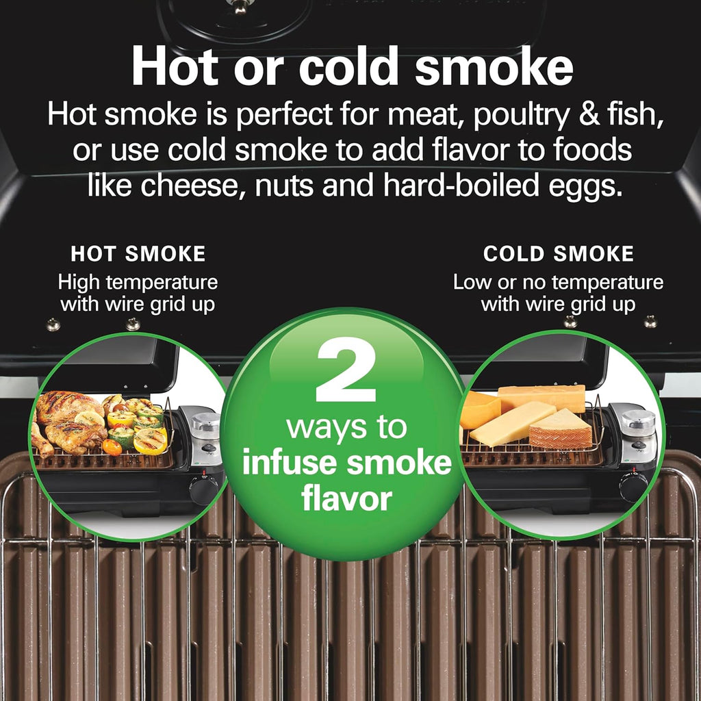 Hamilton Beach Electric Indoor Grill with Hot and Cold Smoke Infuser, 150°F - 450°F Temperature Control For Searing, Vented Hood and Fan, 116 Sq. In. Non-Stick Cooking Surface, Black (25375)