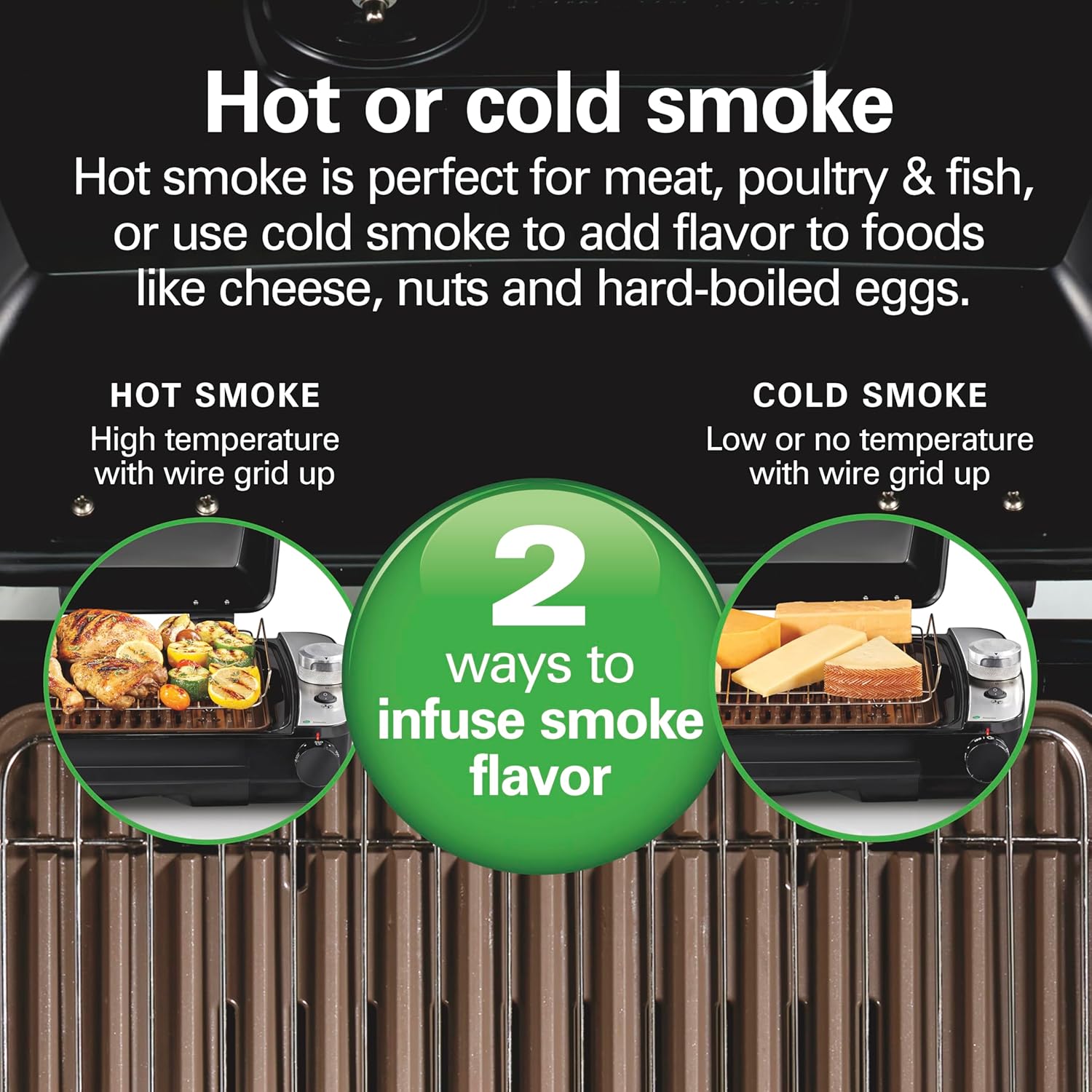 Hamilton Beach Electric Indoor Grill with Hot and Cold Smoke Infuser, 150°F - 450°F Temperature Control For Searing, Vented Hood and Fan, 116 Sq. In. Non-Stick Cooking Surface, Black (25375)