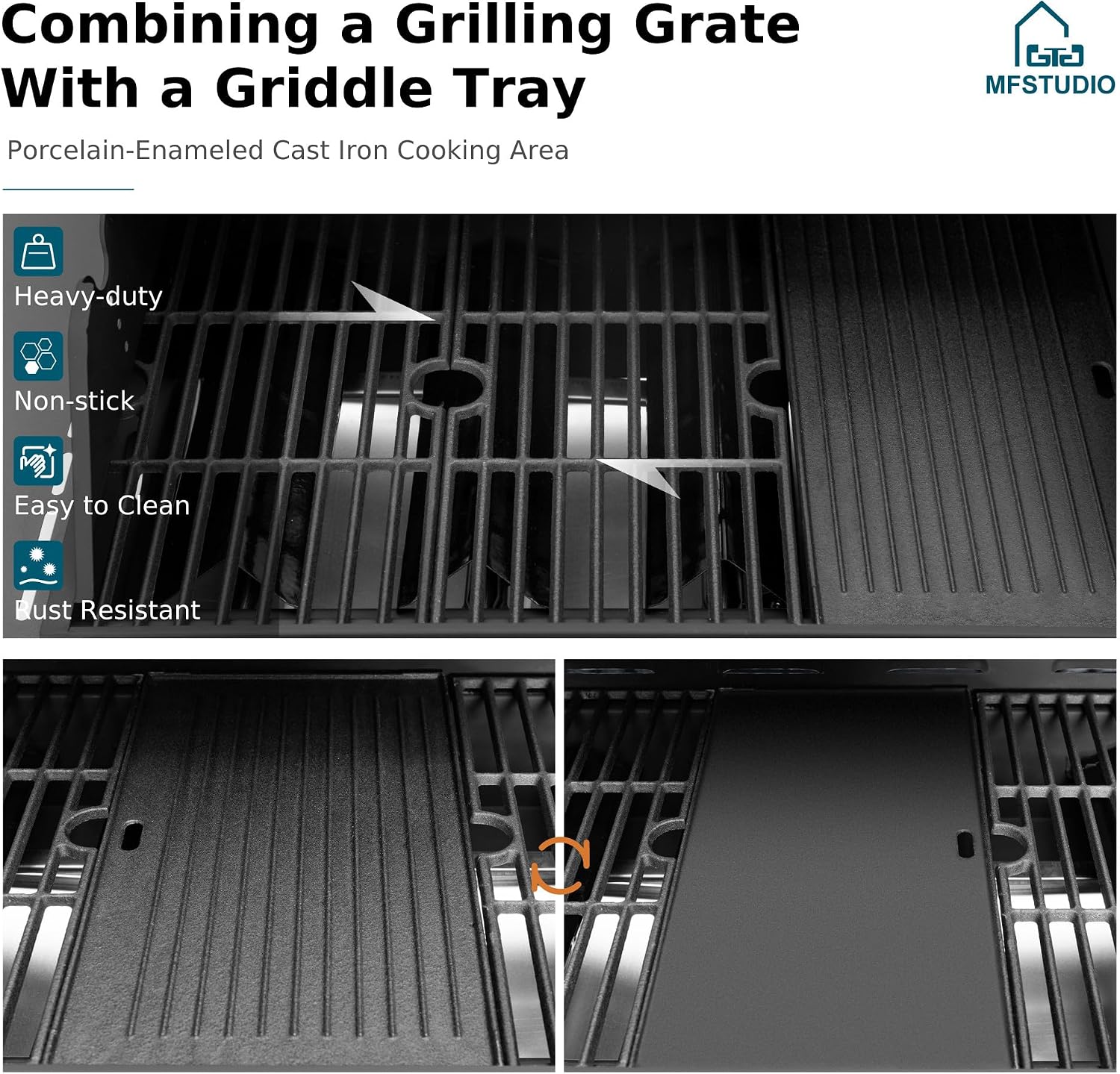 MFSTUDIO 4 Burners Propane Gas Grill and Griddle Combo with Side Burner, 2 in 1 Griddle Grill and Porcelain-Enameled Cast Iron Grates, 46,700 BTU Outdoor Cooking Barbecue Grill, Black