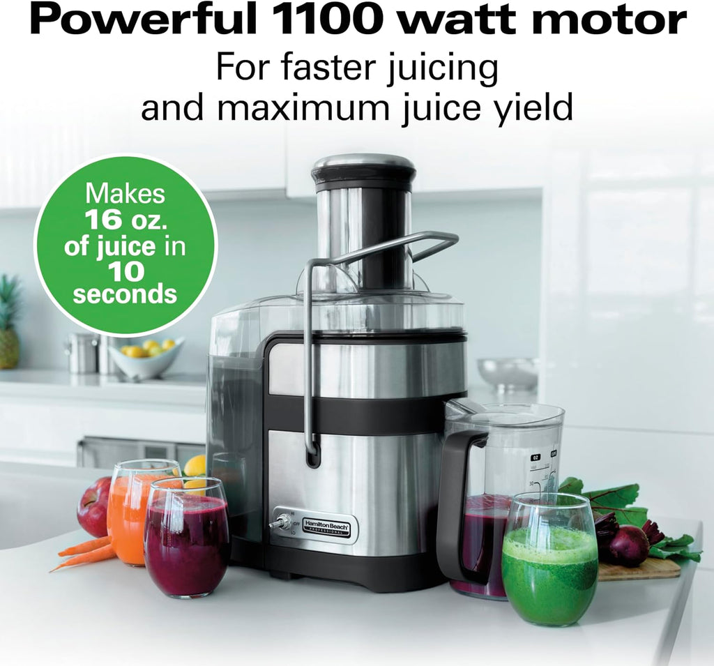 Hamilton Beach Professional Juicer Machine, Centrifugal Extractor, with 3.5' Super Chute for Whole Fruits and Vegetables, 1100 Watts Easy Sweep Cleaning Tool, Black (67906)