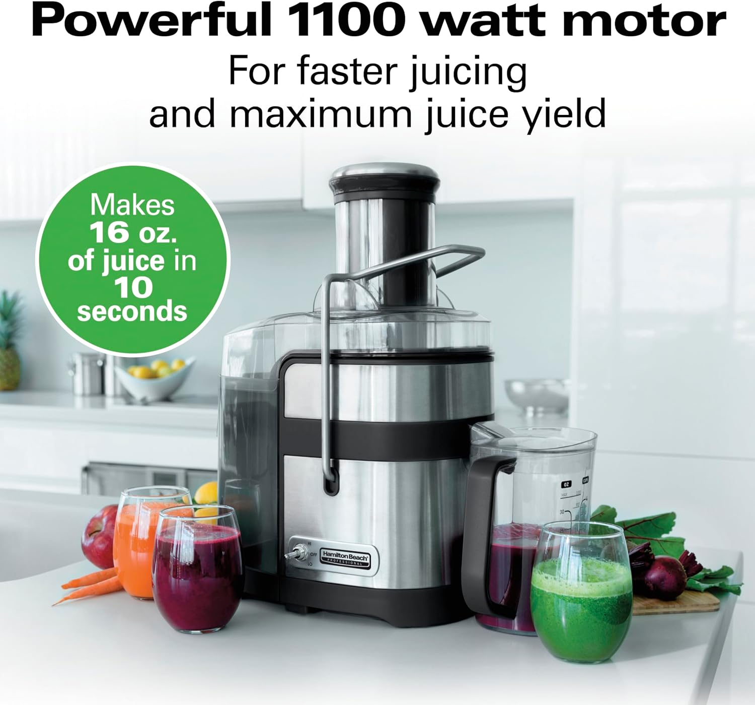 Hamilton Beach Professional Juicer Machine, Centrifugal Extractor, with 3.5' Super Chute for Whole Fruits and Vegetables, 1100 Watts Easy Sweep Cleaning Tool, Black (67906)