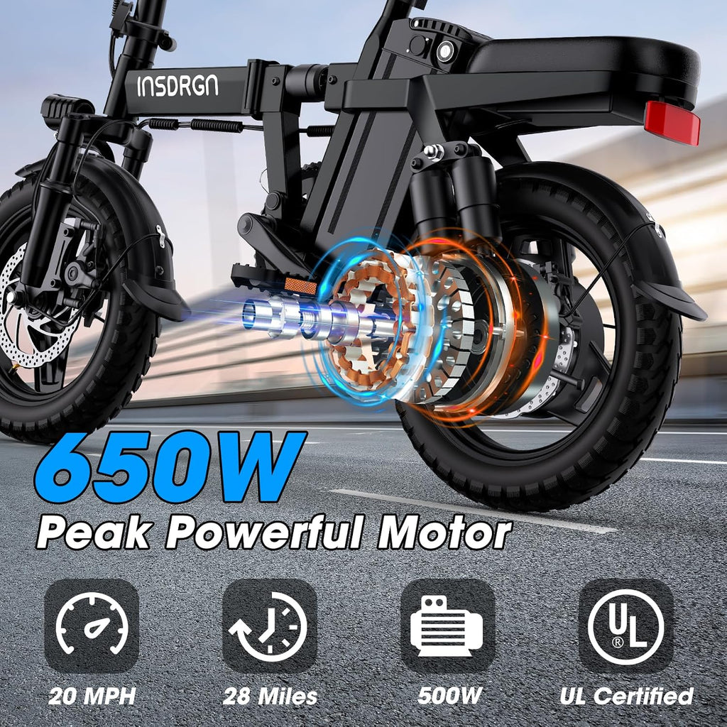 INSDRGN Electric Bike for Adults and Teens,14' Folding Adult E Bike with 650W Peak Motor,20MPH,28Miles Range,Advanced 9-Point Suspension & Dual Disc Brake,Removable Battery,UL 2849 Certified
