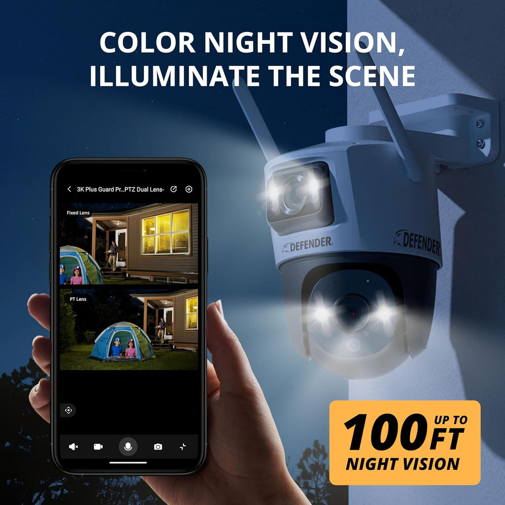 Defender AI Powered Guard Pro 3K Plus Dual Lens PTZ WiFi 6/Bluetooth Plug-in Power Security Camera, Human/Vehicle Detection, AI Auto-Tracking, Night Vision, Works w/Guard App, 4 Pack