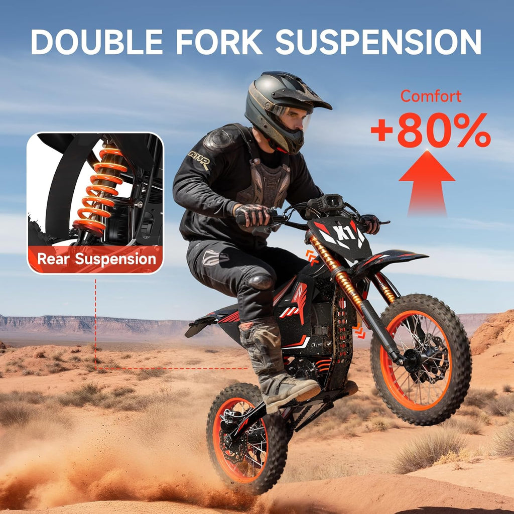 QRONGE X1 Spark Electric Dirt Bike, 4500W Peak&Up to 60 Miles, 50MPH, 60V 28.8Ah Battery E-Bike, 14'/12' Fat Tire Electric Motorcycle for Mountain Off-Road Teens Adults (M)