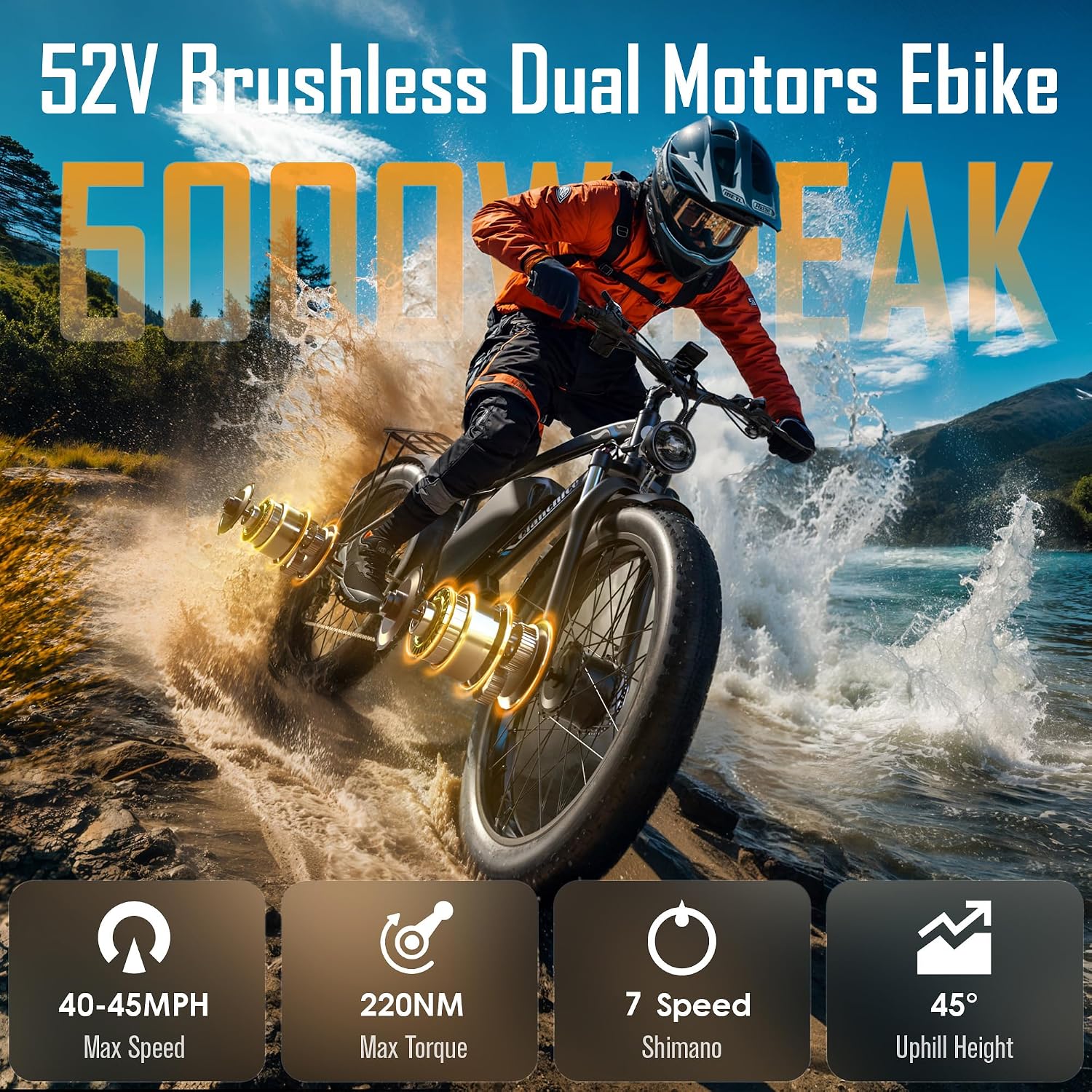 Dual Motor Electric Bike for Adults-6000W Peak, 52V 34AH Battery, 40-45MPH 100 Miles Long Range Ebike, Fat Tire 24 Inch, 7-Speed Hydraulic Brake, Electric Bicycles for Mountain Commuter