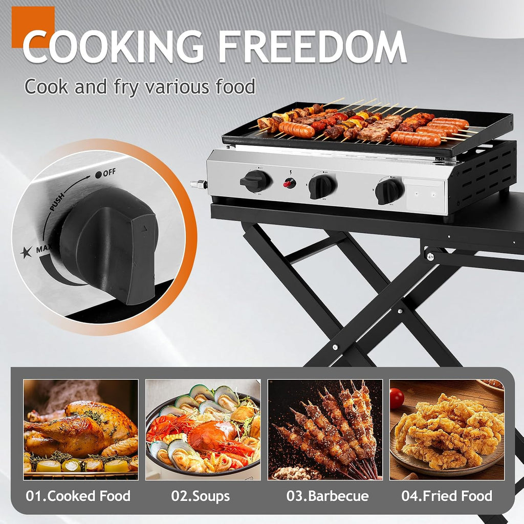 Outvita 3 Burner Foldable Propane Griddle with Wheels & Enameled Tray, 30000 BTU Portable Flat Top Gas Grill with Electronic Ignition & Regulator for Outdoor Cooking Camping BBQ Tailgating Picnicking