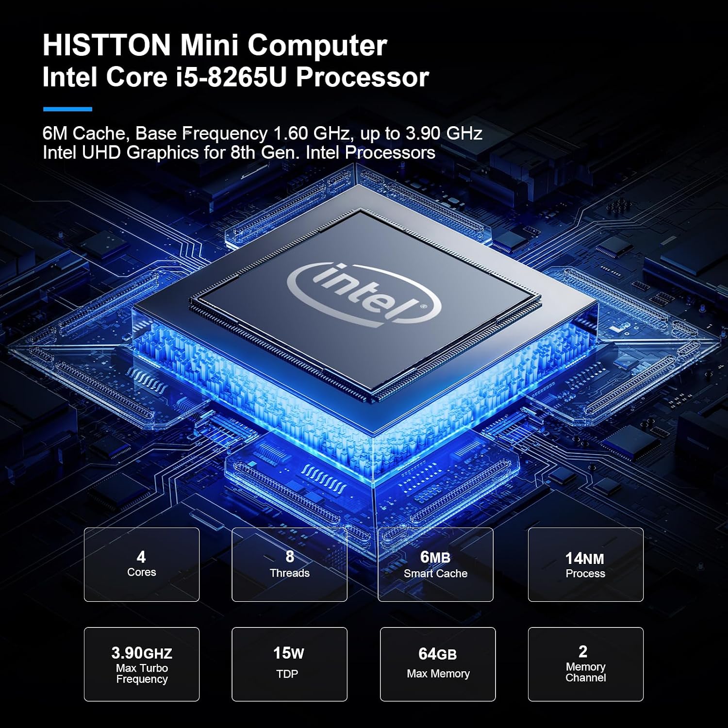 HISTTON Mini Computer Windows 11 Pro, Mini Desktop PC Core i5-8265U, DDR4 8GB RAM, 128GB SSD, Micro PC, Dual LAN, BT4.2, Industrial Mini PC with 2 RS232 COM, Dual HD, USB3.0, Small PC