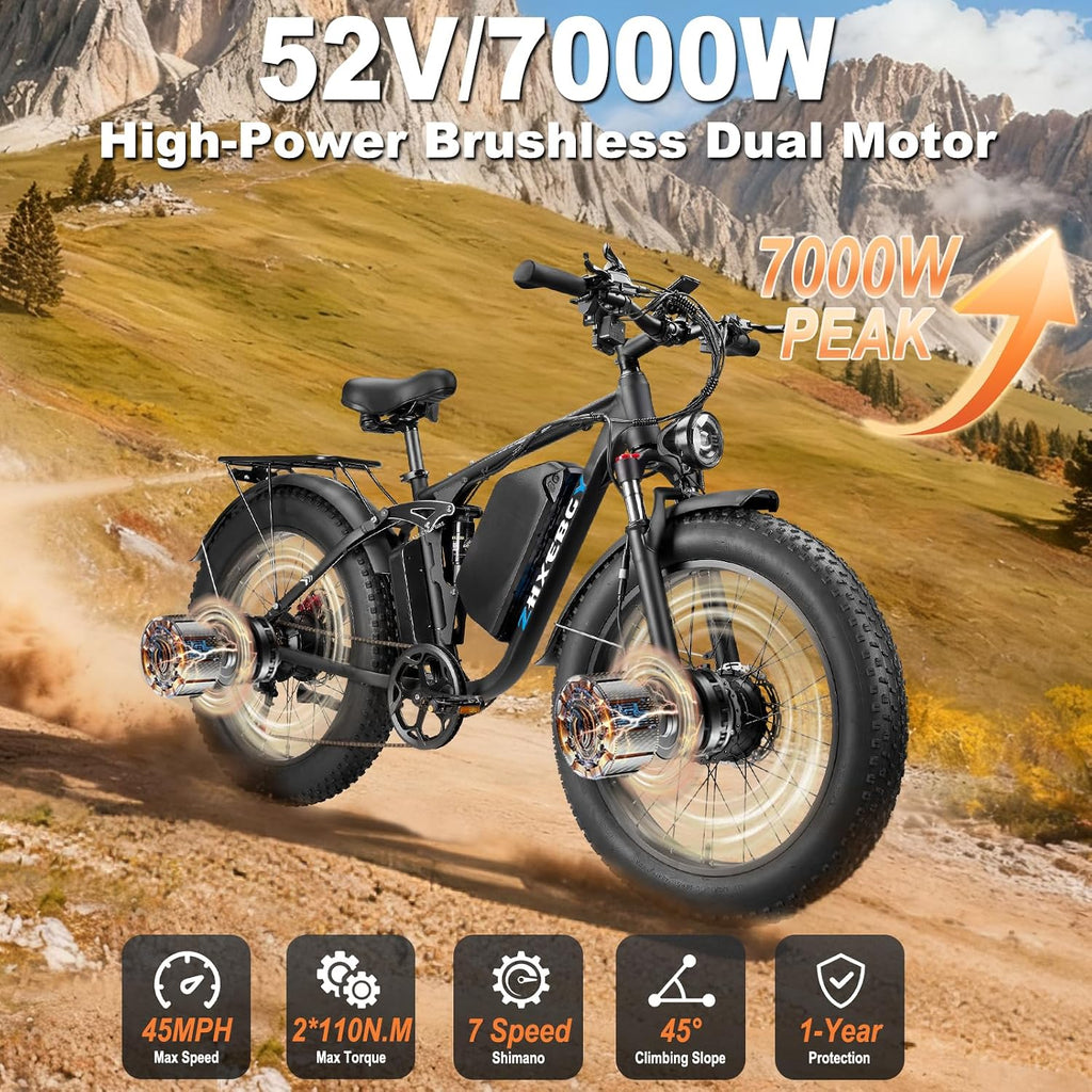 7000W Peak Dual-Motor-Ebike for Adults with 52V 34AH(1768Wh) Battery, 45MPH Fast E-Bike 100 Miles, 24' Fat Tire Electric Bike for Adults, Full Suspension Electric Bicycle Snow Off-Road (Black)