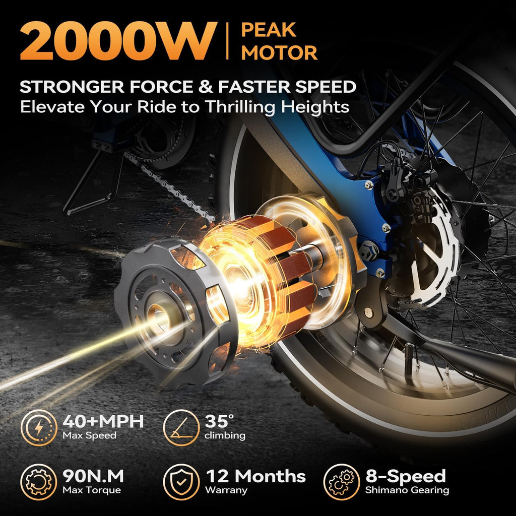 2000W/3000W Peak Motor Electric Bike for Adults, 48V/52V 25AH/30AH Battery Full Suspension Foldable Ebike, 20'x4.0' Fat Tires 35MPH Dirt Bike, 100/120 Miles Hydraulic Brake Magnesium Alloy Motorcycle