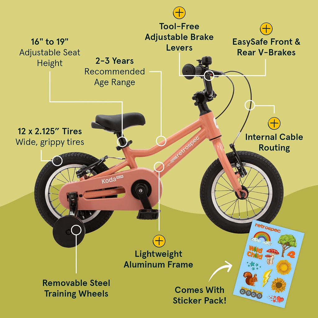 Retrospec Koda Plus Kids Bike for Boys & Girls Ages 2-3 Years - Children's Bicycle, Adjustable Seat & Handlebars, Removable Training Wheels, Front Hand Brakes, Rear Coaster Brake & Safety Bell